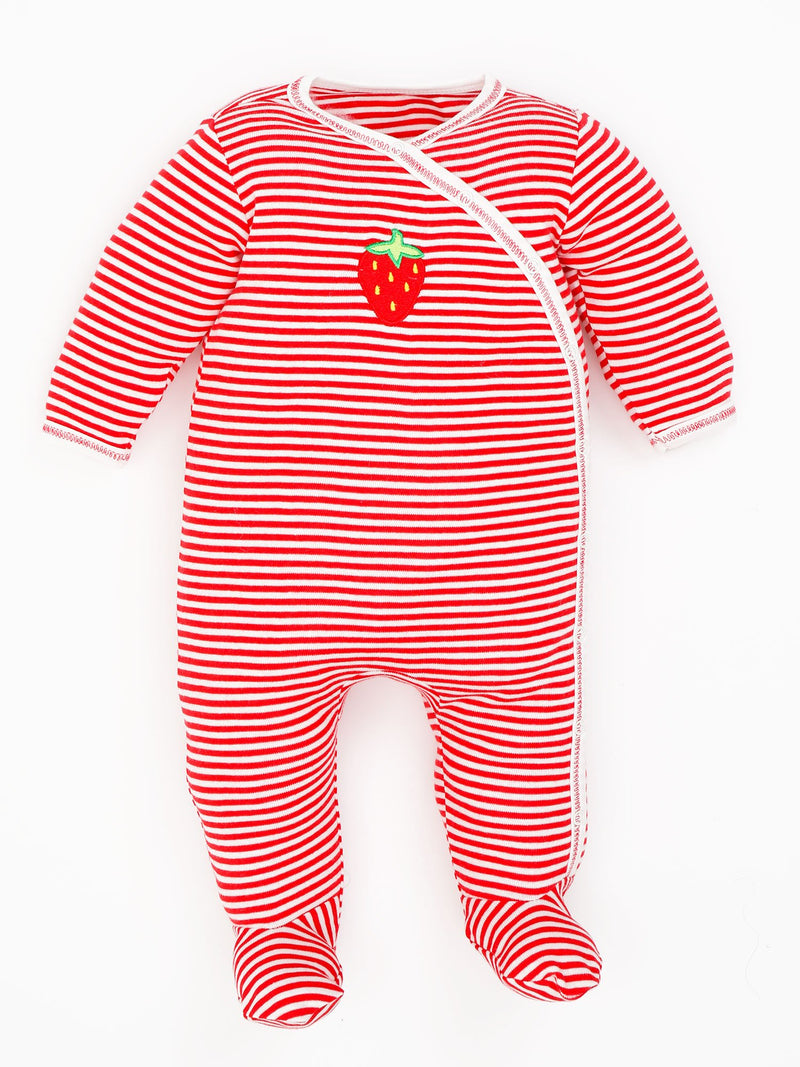 Side Snap Footie - Red Stripe W/ Strawberry Embroidery